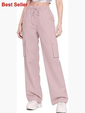 High Waist Wide Leg Cargo Parachute Pants with Drawstring
